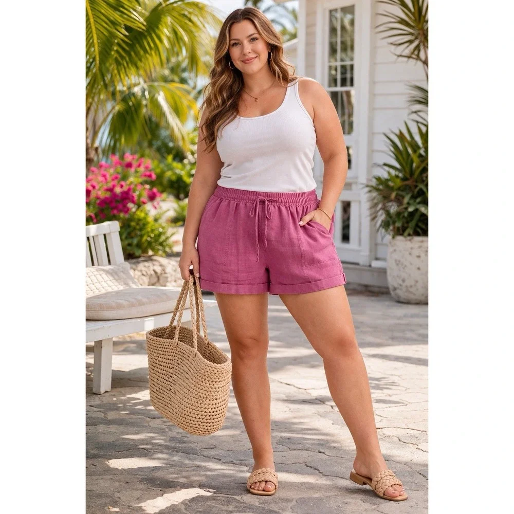 Old Navy Linen Blend Shorts Pink Elastic Waist Drawstring Casual Beach Lounge L